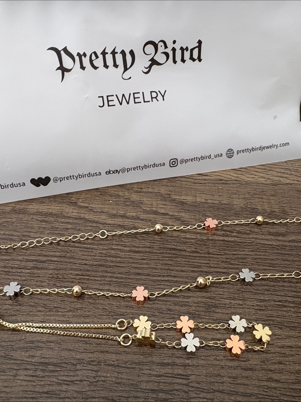 Pretty Bird Tri-Color Necklace and Adj Bracelet - Gold, Rose, Silver